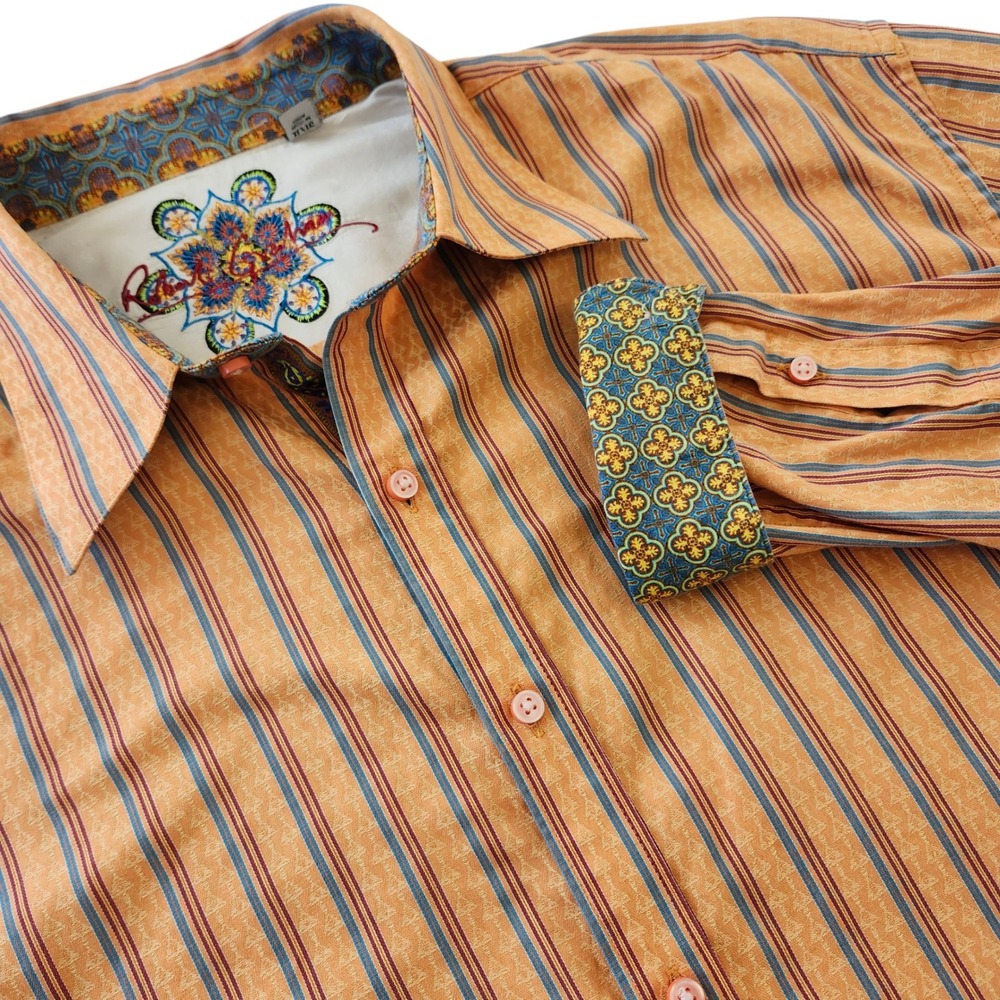Robert Graham Men Button Down Shirt Long Sleeve Striped Orange Paisley Geometric